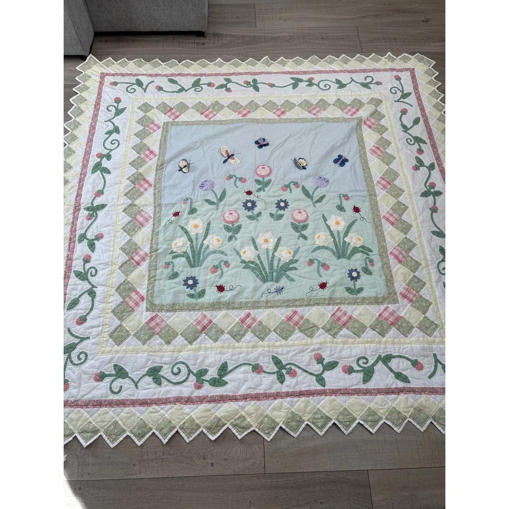 Vintage Handmade Quilt Cottagecore Floral Ladybug Butterfly Quilt 79x79